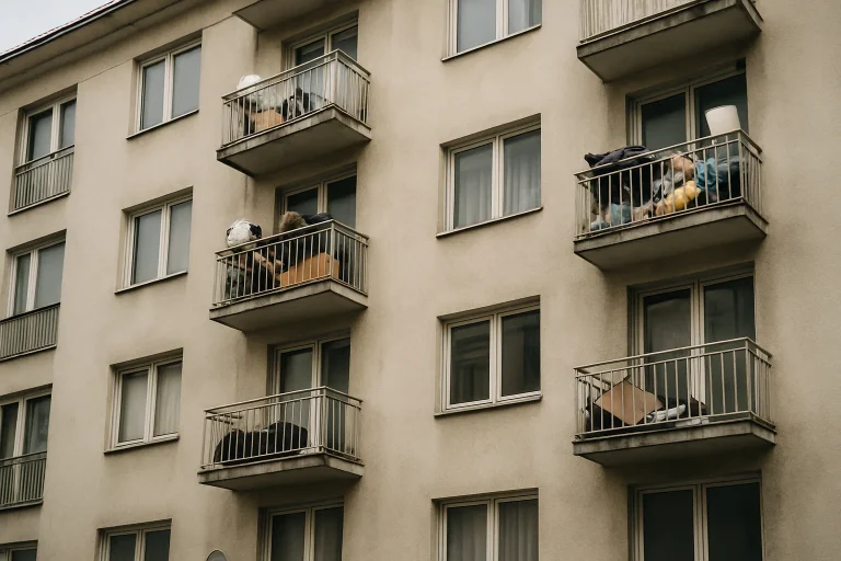 Vue d'un immeuble résidentiel avec balcons encombrés et déchets visibles.