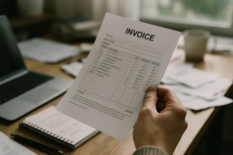 Main tenant une facture détaillée, bureau en désordre en arrière-plan