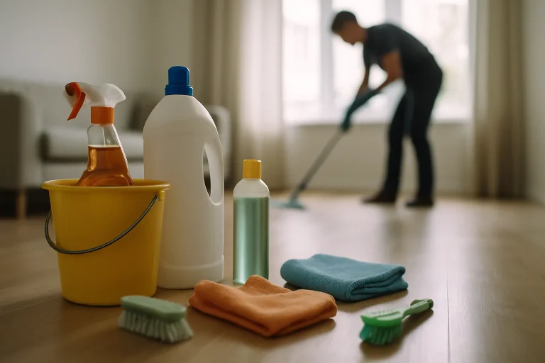 Silhouette floue d'un nettoyeur avec outils de nettoyage dans un appartement.