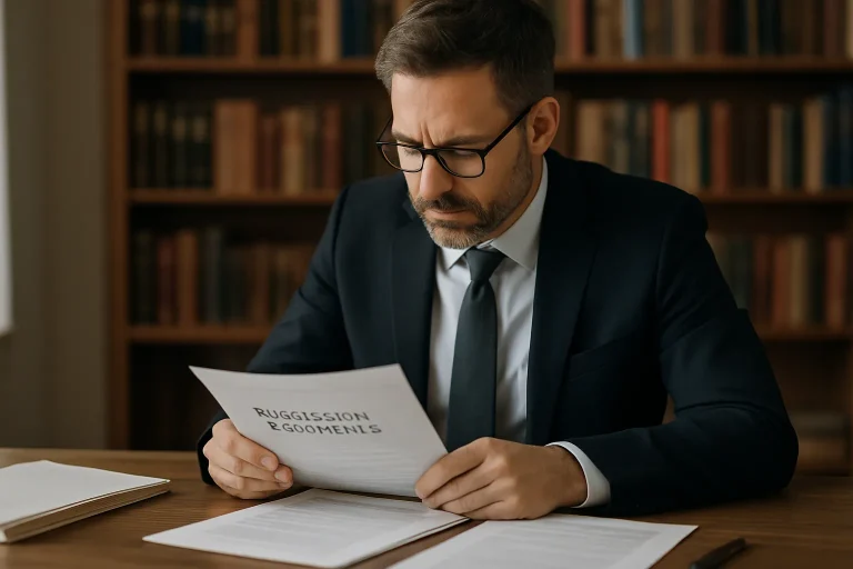 Un avocat consulte des documents de succession pour gérer un conflit entre héritiers.