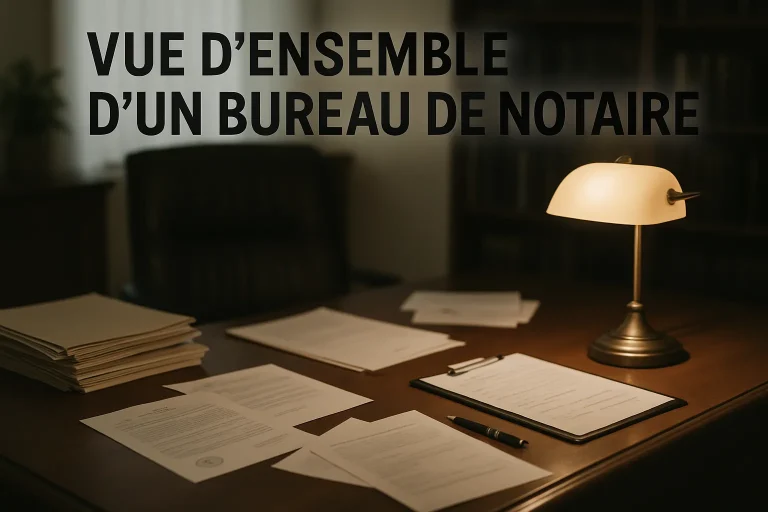 Bureau de notaire avec documents officiels, lampe allumée, ambiance chaleureuse