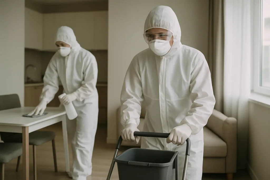 Deux personnes nettoyant un appartement après décès, avec des équipements spécialisés.