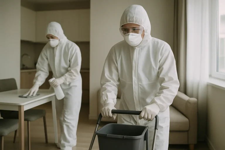 Deux personnes nettoyant un appartement après décès, avec des équipements spécialisés.