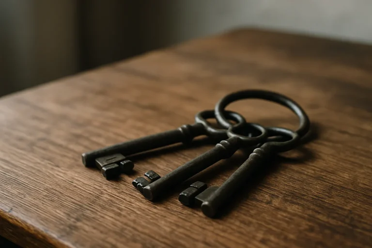 Gros plan de clés de maison anciennes sur une table en bois avec un fond flou